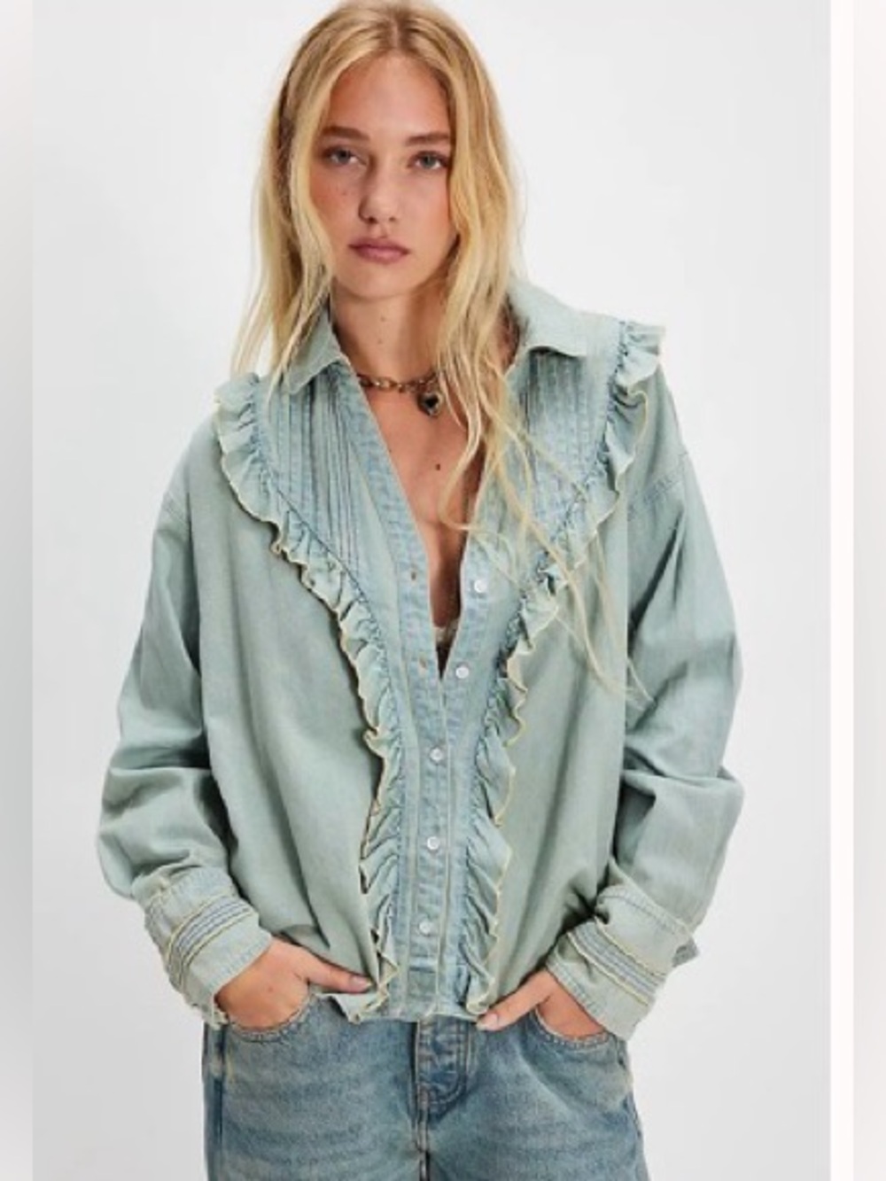 FREE PEOPLE x We The Free Tattered And Ruffled Denim Top size extra small
